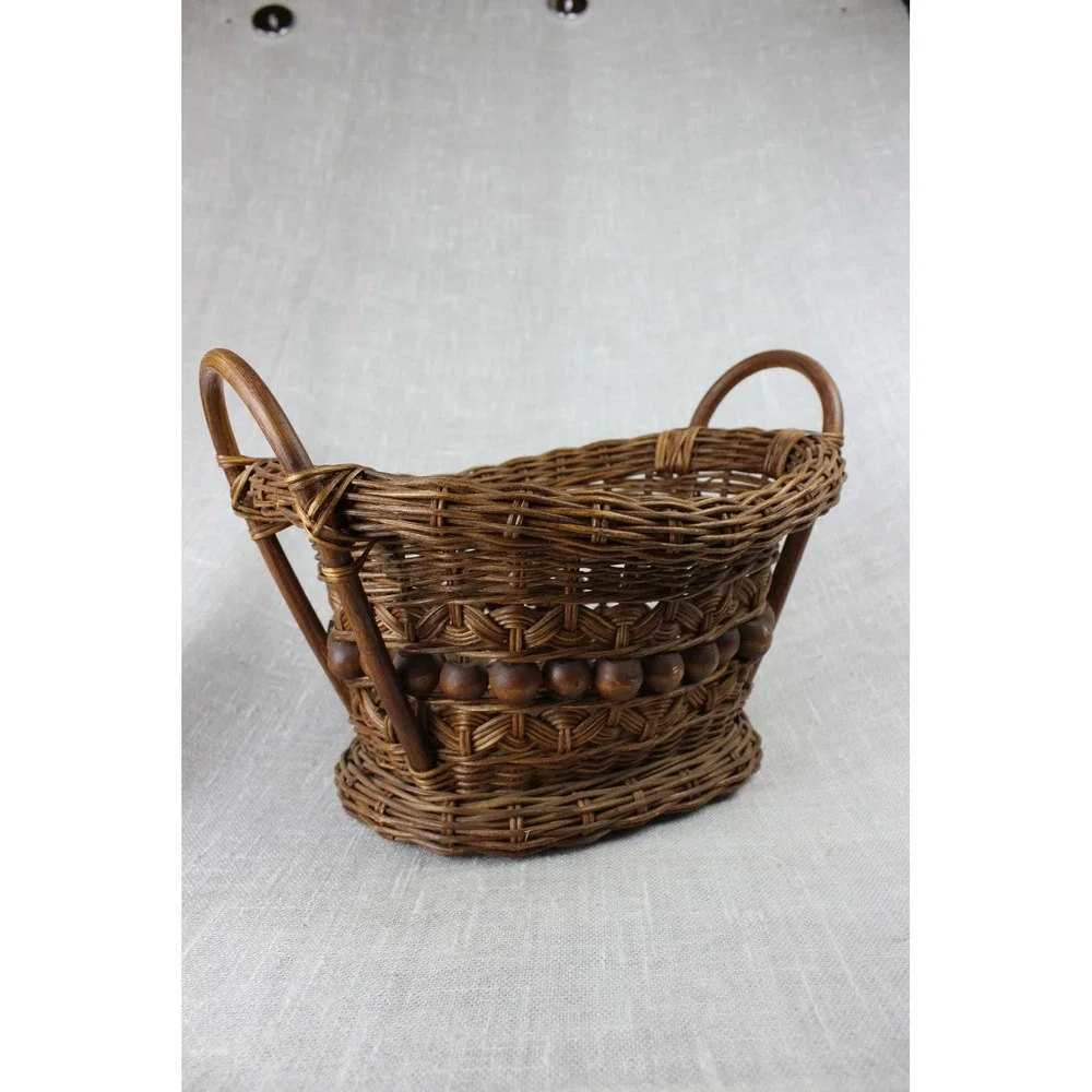 Vintage Woven Stick & Ball Wicker Basket Rustic Farmhouse Cottagecore Boho